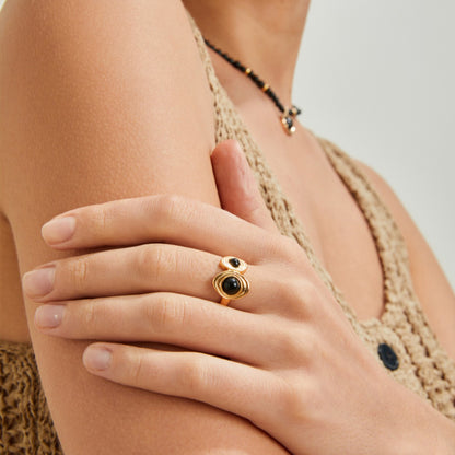 S925 Gold-Tone Double Black Onyx Ring in Ribbed Oval Bezels