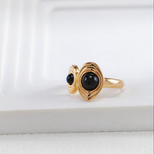 S925 Gold-Tone Double Black Onyx Ring in Ribbed Oval Bezels