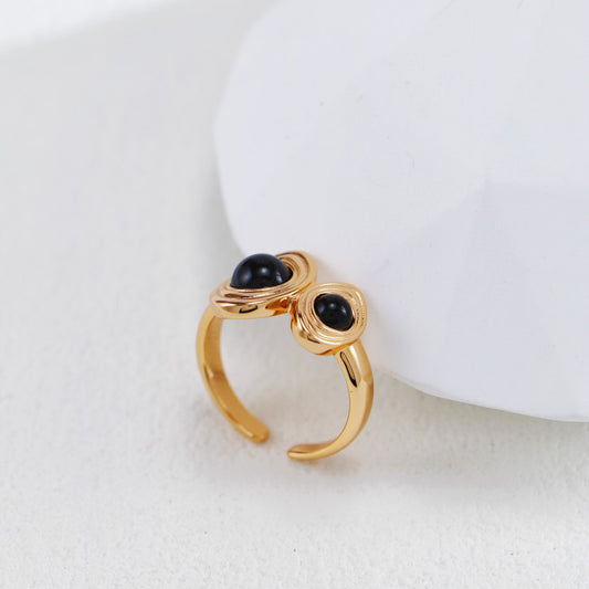S925 Gold-Tone Double Black Onyx Ring in Ribbed Oval Bezels