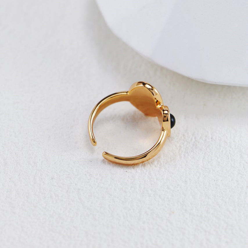 S925 Gold-Tone Double Black Onyx Ring in Ribbed Oval Bezels