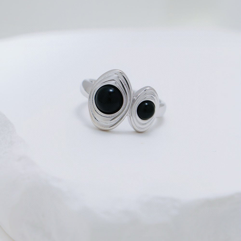 S925 Gold-Tone Double Black Onyx Ring in Ribbed Oval Bezels