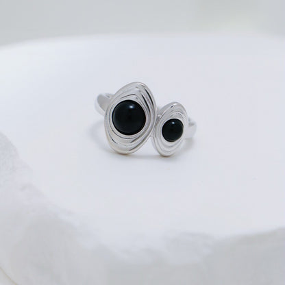 S925 Gold-Tone Double Black Onyx Ring in Ribbed Oval Bezels