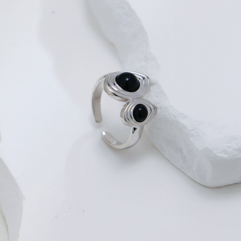 S925 Gold-Tone Double Black Onyx Ring in Ribbed Oval Bezels