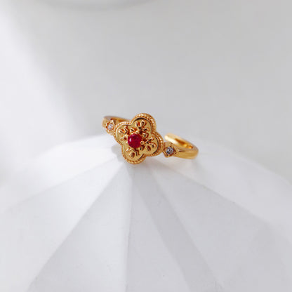 S925 Gold-Tone Four-Leaf Clover Ring with Red CZ Heart