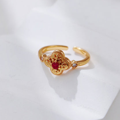 S925 Gold-Tone Four-Leaf Clover Ring with Red CZ Heart