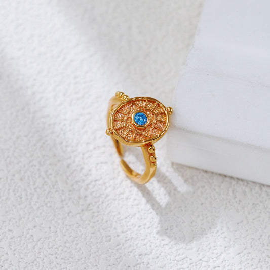 S925 Silver Floral-Pattern Blue Stone Cocktail Ring with CZ Halo