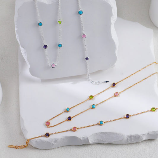 S925 Silver Multi-Color Stone Station Necklace