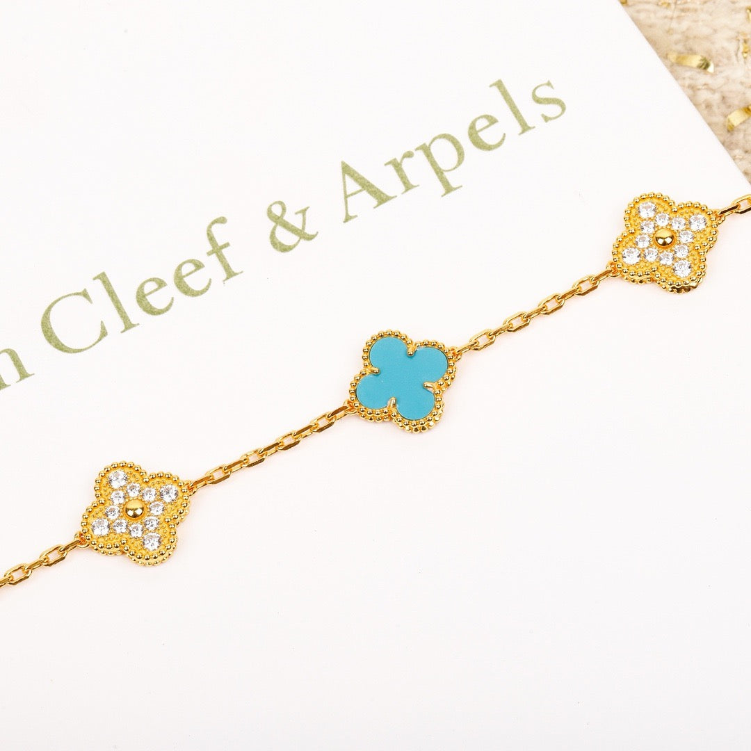 [Vicky]CLOVER 5 MOTIF TURQUOISE DIAMOND GOLD BRACELET