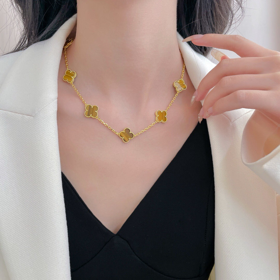 [Vicky]CLOVER 10 MOTIFS TIGER EYE NECKLACE