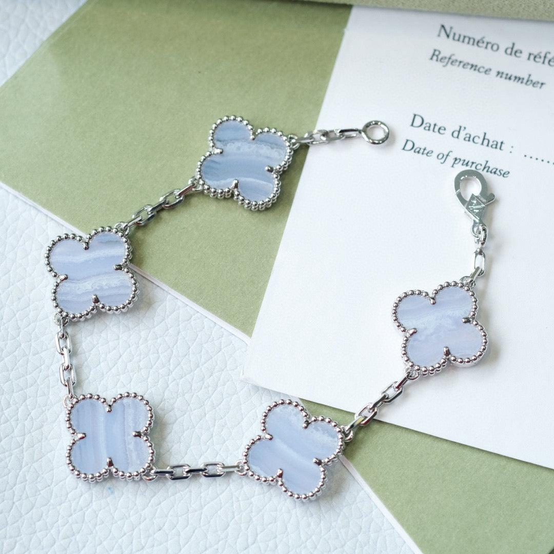 [Vicky]CLOVER  5 MOTIF PURPLE CHALCEDONY BRACELET SILVER
