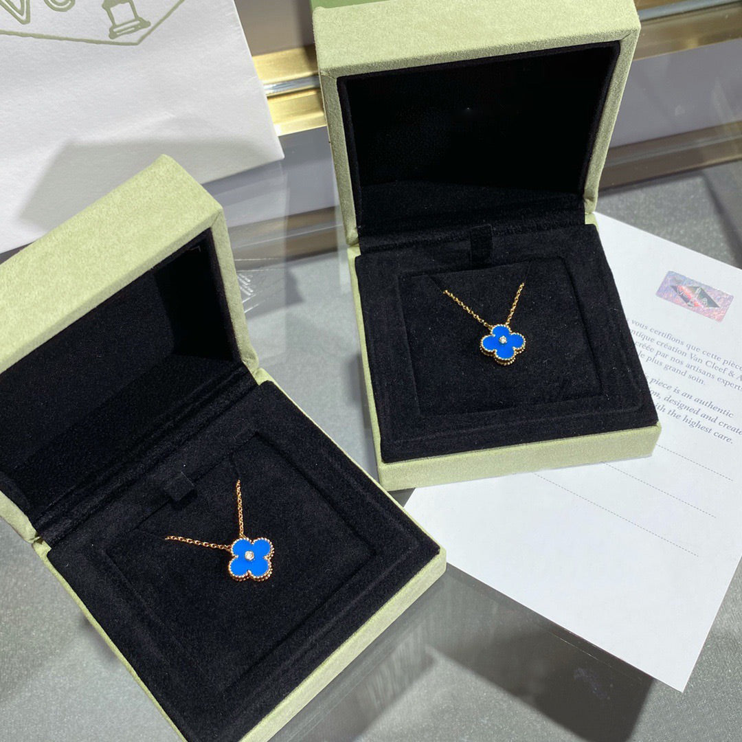 [Vicky]CLOVER 15MM DIAMOND AND BLUE AGATE NECKLACE