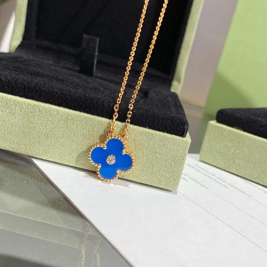 [Vicky]CLOVER 15MM DIAMOND AND BLUE AGATE NECKLACE