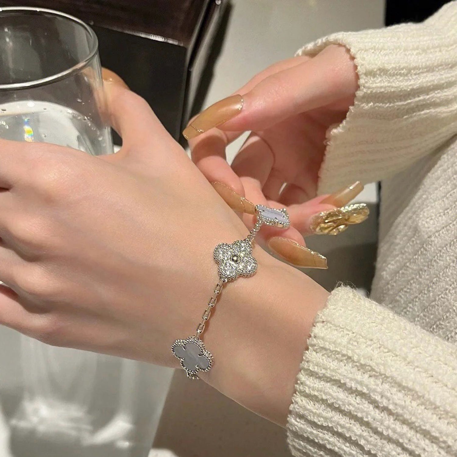 [Vicky]CLOVER  5 MOTIF DIAMOND PURPLE CHALCEDONY BRACELET SILVER