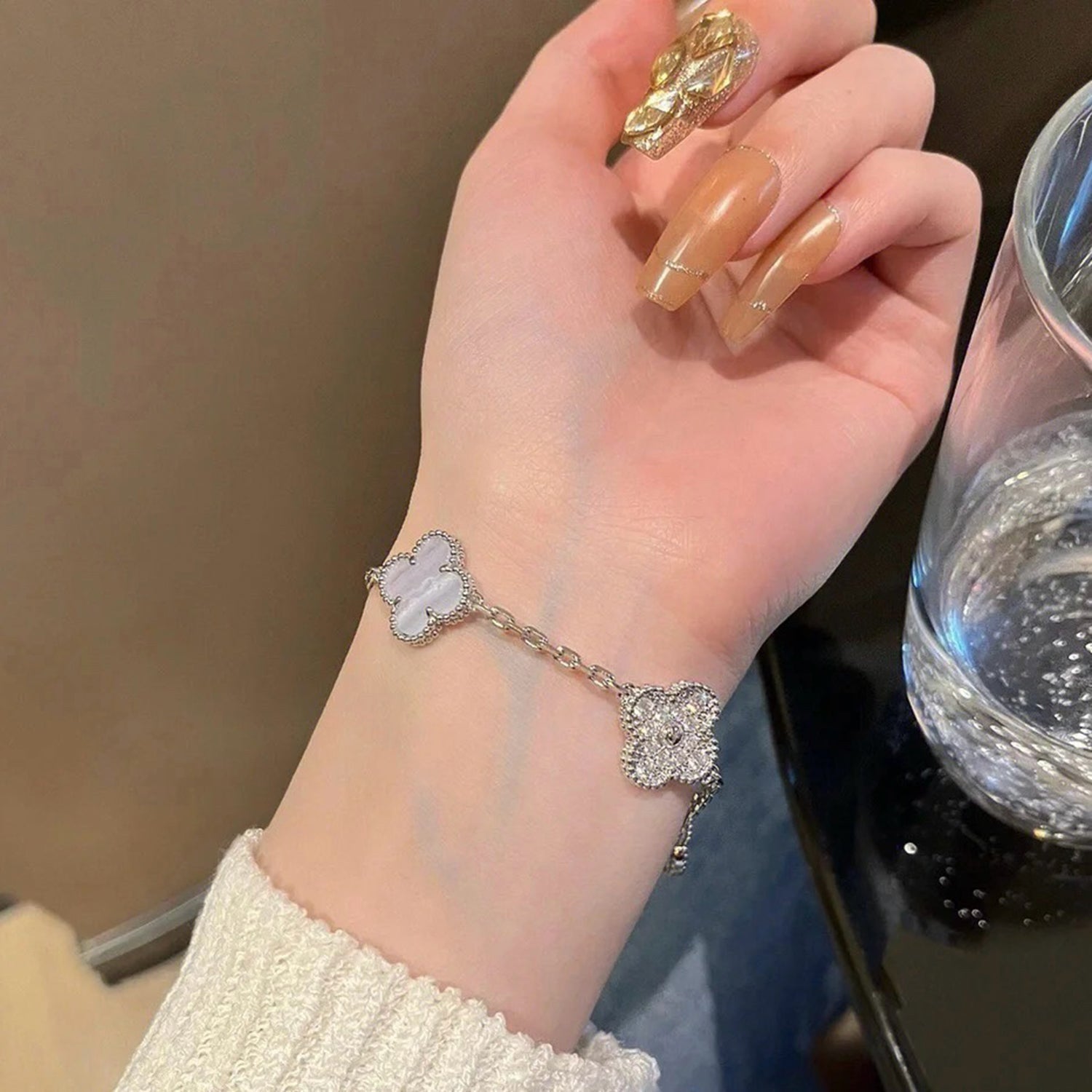 [Vicky]CLOVER  5 MOTIF DIAMOND PURPLE CHALCEDONY BRACELET SILVER