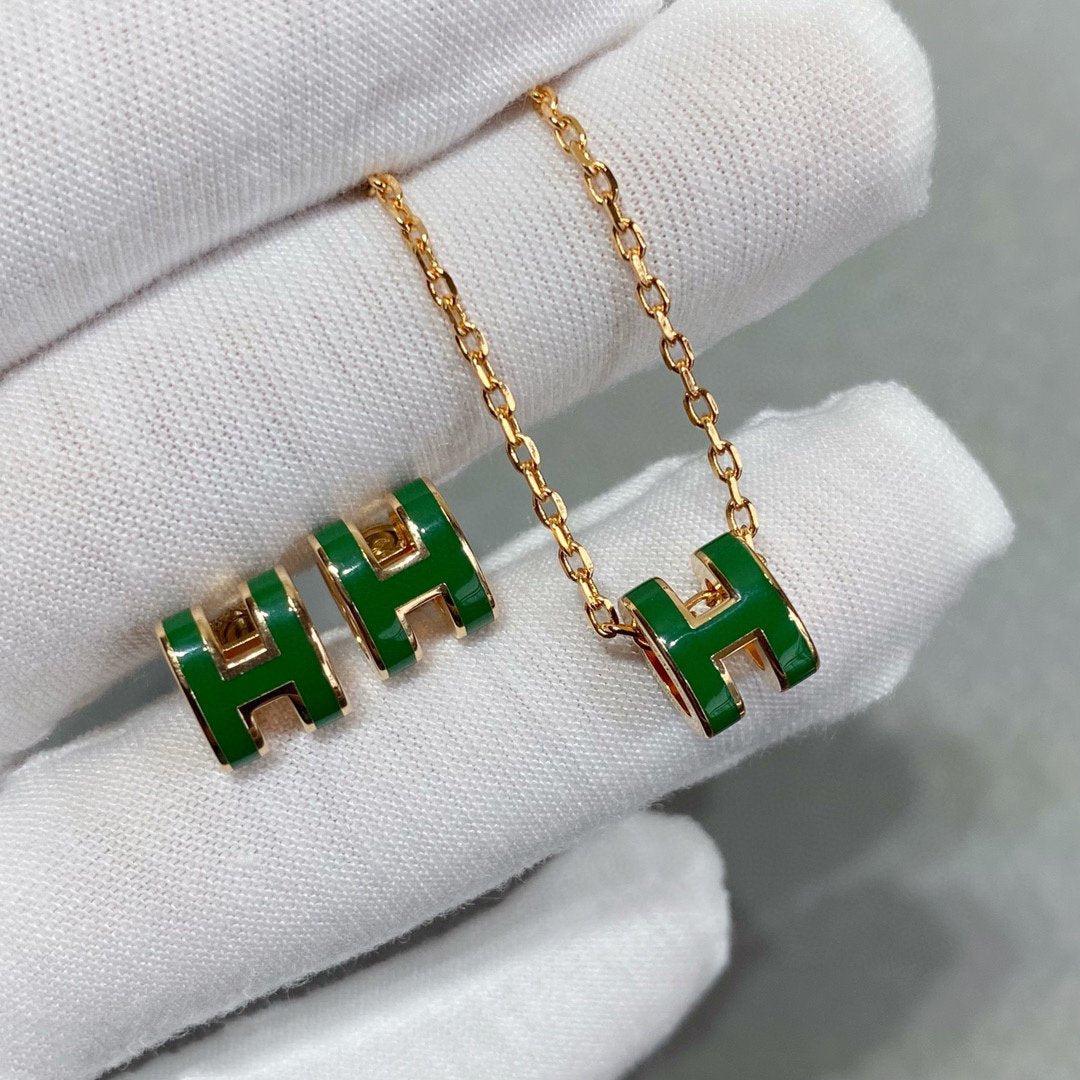 [Vicky]POP H GREEN NECKLACE SILVER AND GOLD