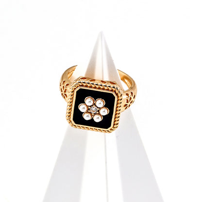S925 Gold-Tone Square Black Onyx Ring with Pearl-Flower Center