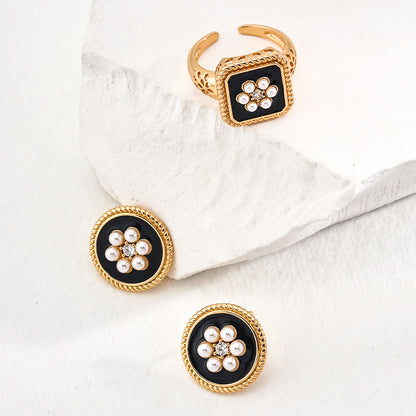 S925 Gold-Tone Square Black Onyx Ring with Pearl-Flower Center