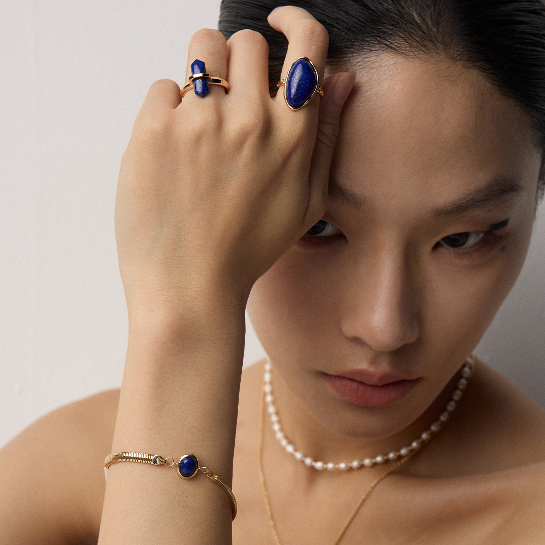 S925 Silver Vintage Natural Lapis Lazuli Teardrop Ring & Earrings Set