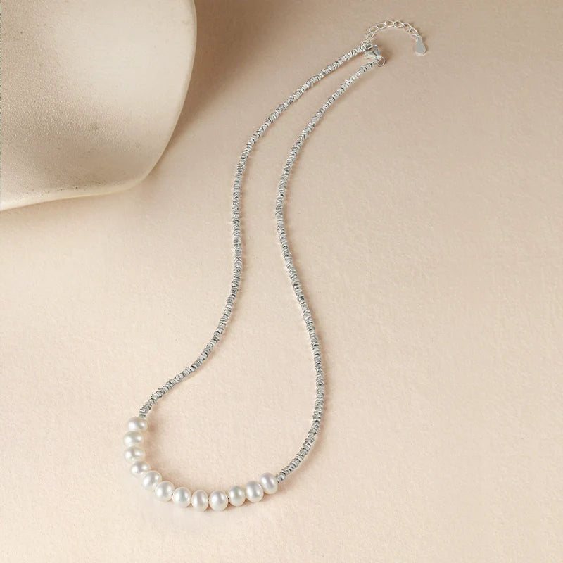 Crushed Silver Crafted Freshwater Pearl S925 Sterling Silver Elegant Necklace