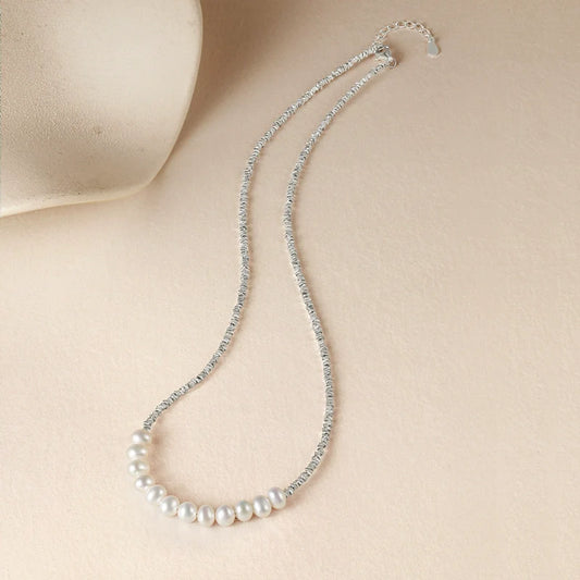 Crushed Silver Crafted Freshwater Pearl S925 Sterling Silver Elegant Necklace