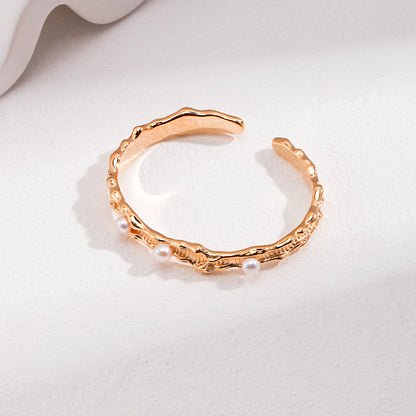 S925 Gold-Tone Molten-Texture Open Cuff Bracelet with Pearl Details
