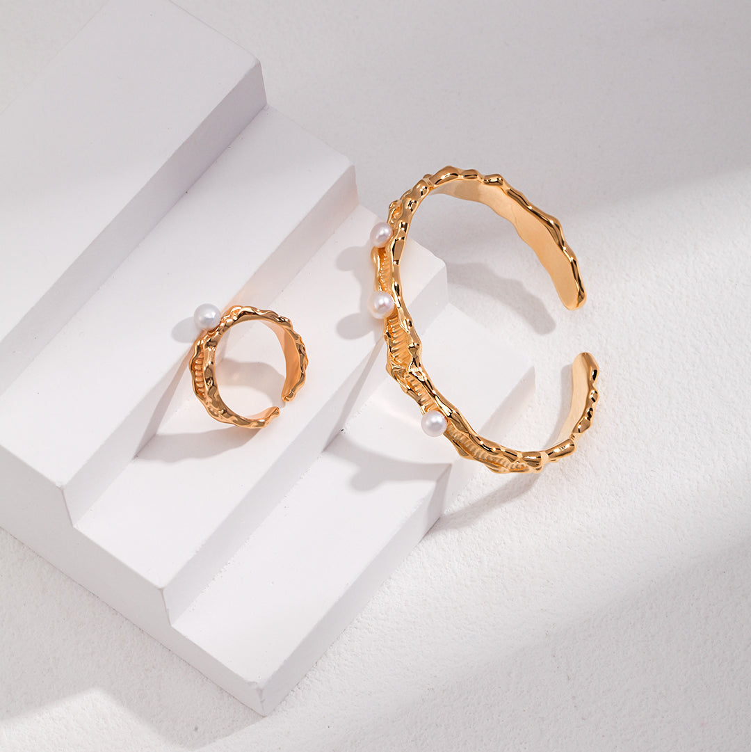 S925 Gold-Tone Molten-Texture Open Cuff Bracelet with Pearl Details