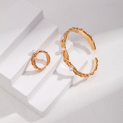 S925 Gold-Tone Molten-Texture Open Cuff Bracelet with Pearl Details