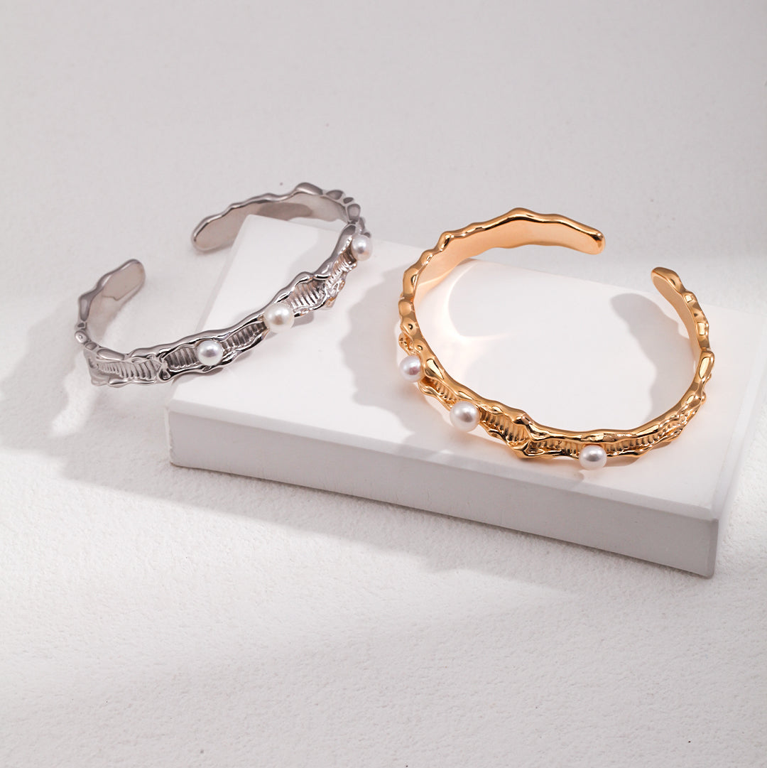 S925 Gold-Tone Molten-Texture Open Cuff Bracelet with Pearl Details