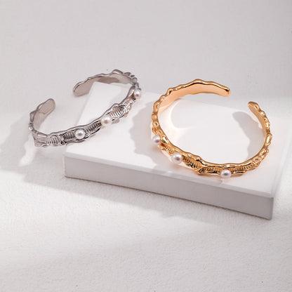 S925 Gold-Tone Molten-Texture Open Cuff Bracelet with Pearl Details
