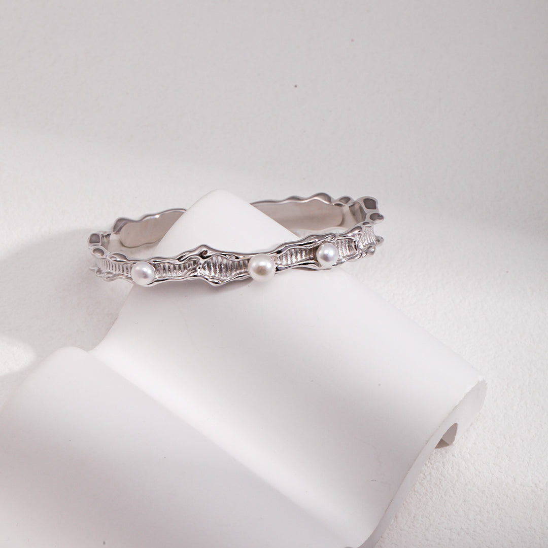 S925 Gold-Tone Molten-Texture Open Cuff Bracelet with Pearl Details