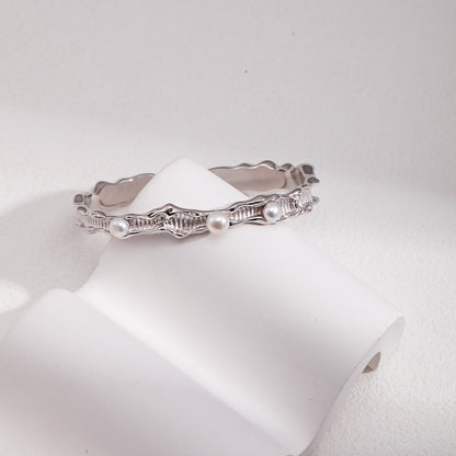 S925 Gold-Tone Molten-Texture Open Cuff Bracelet with Pearl Details