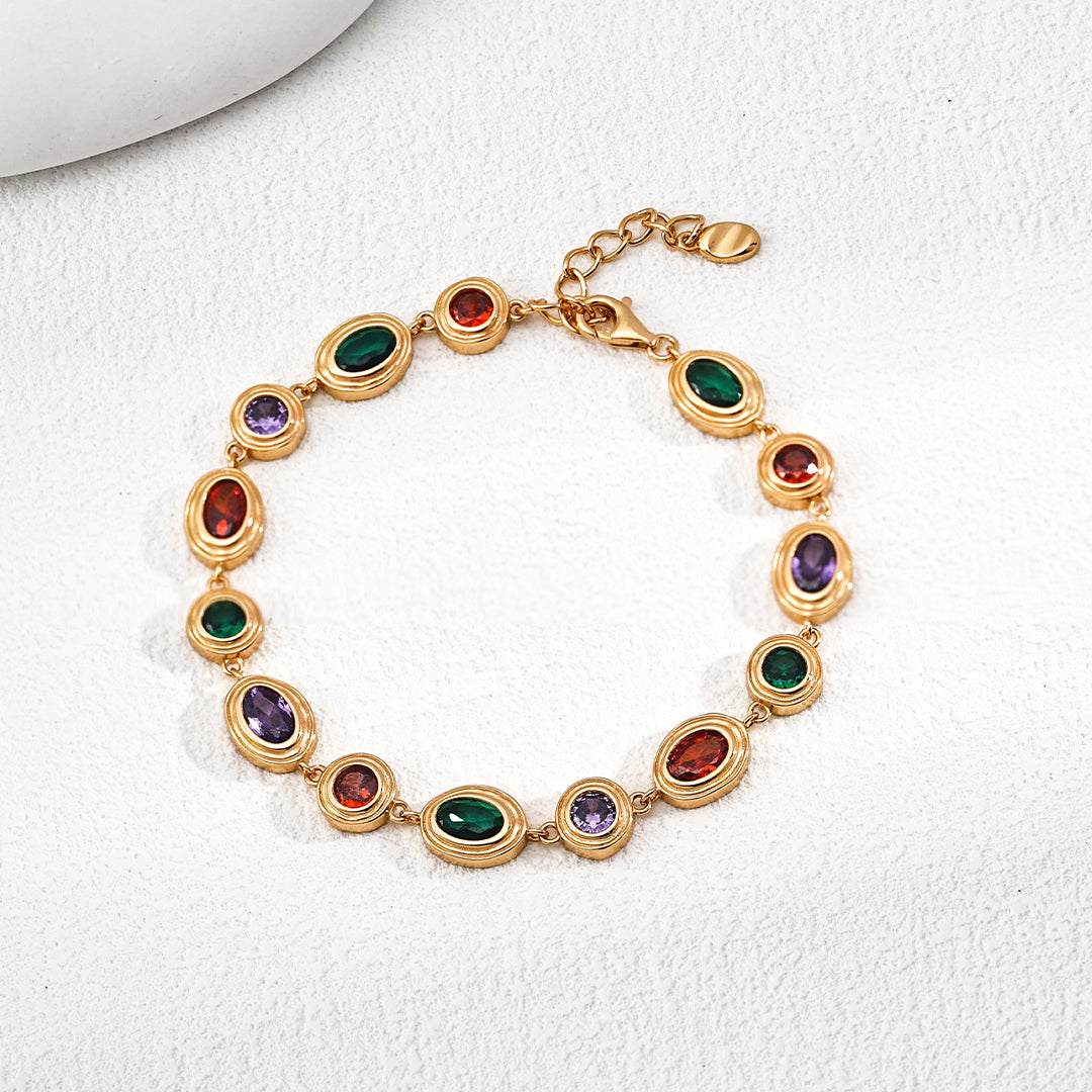 S925 Gold-Tone Multicolor Gemstone Bezel Bracelet – Ruby, Emerald & Amethyst Tone