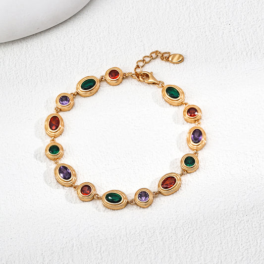 S925 Gold-Tone Multicolor Gemstone Bezel Bracelet – Ruby, Emerald & Amethyst Tone