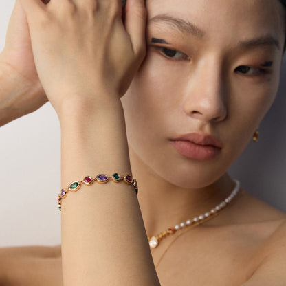 S925 Gold-Tone Multicolor Gemstone Bezel Bracelet – Ruby, Emerald & Amethyst Tone
