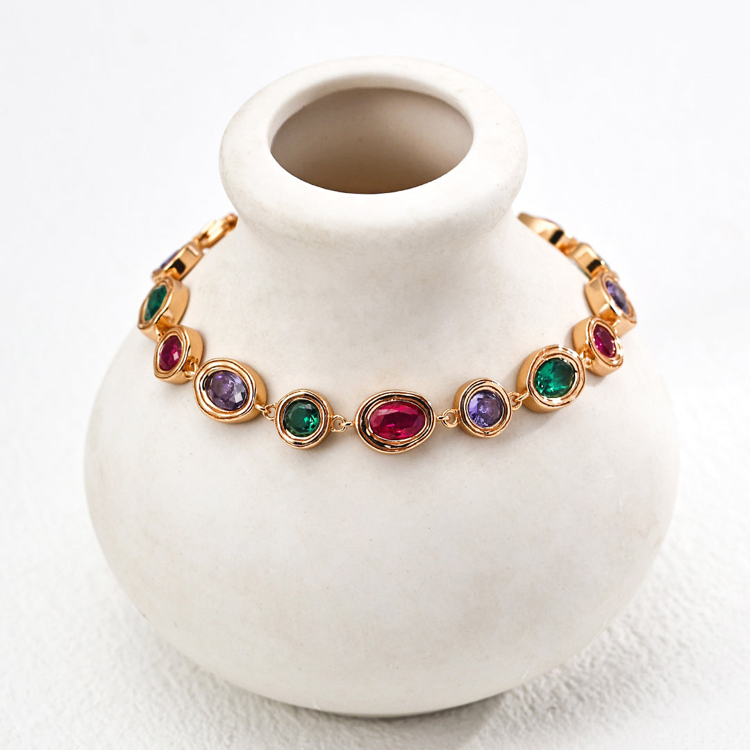 S925 Gold-Tone Multicolor Gemstone Bezel Bracelet – Ruby, Emerald & Amethyst Tone