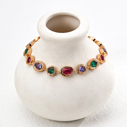 S925 Gold-Tone Multicolor Gemstone Bezel Bracelet – Ruby, Emerald & Amethyst Tone