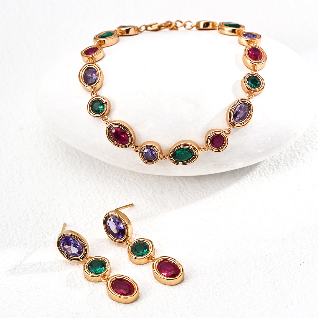 S925 Gold-Tone Multicolor Gemstone Bezel Bracelet – Ruby, Emerald & Amethyst Tone
