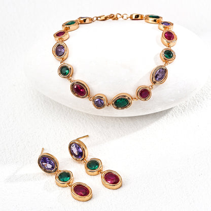 S925 Gold-Tone Multicolor Gemstone Bezel Bracelet – Ruby, Emerald & Amethyst Tone