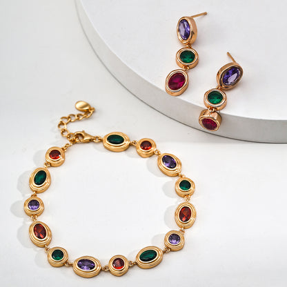 S925 Gold-Tone Multicolor Gemstone Bezel Bracelet – Ruby, Emerald & Amethyst Tone