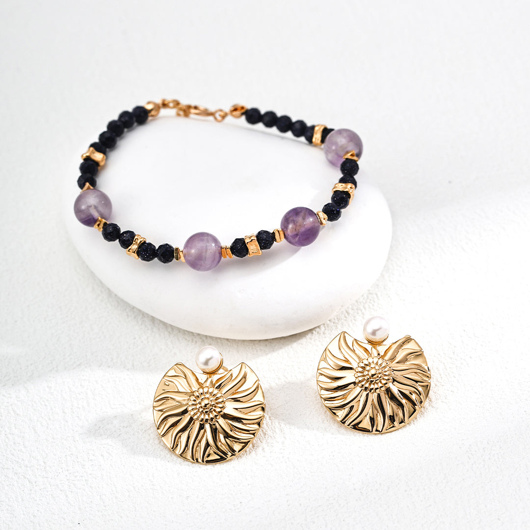 S925 Gold-Tone Blue Goldstone & Amethyst Bracelet