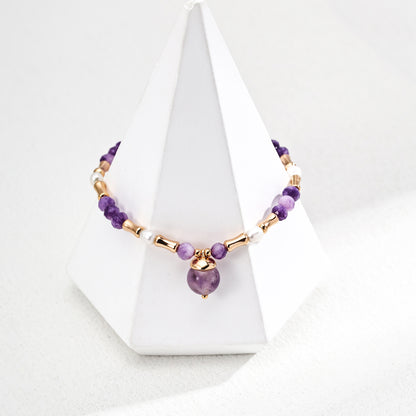 S925 Gold-Tone Faceted Purple Lepidolite Bracelet with Amethyst Drop