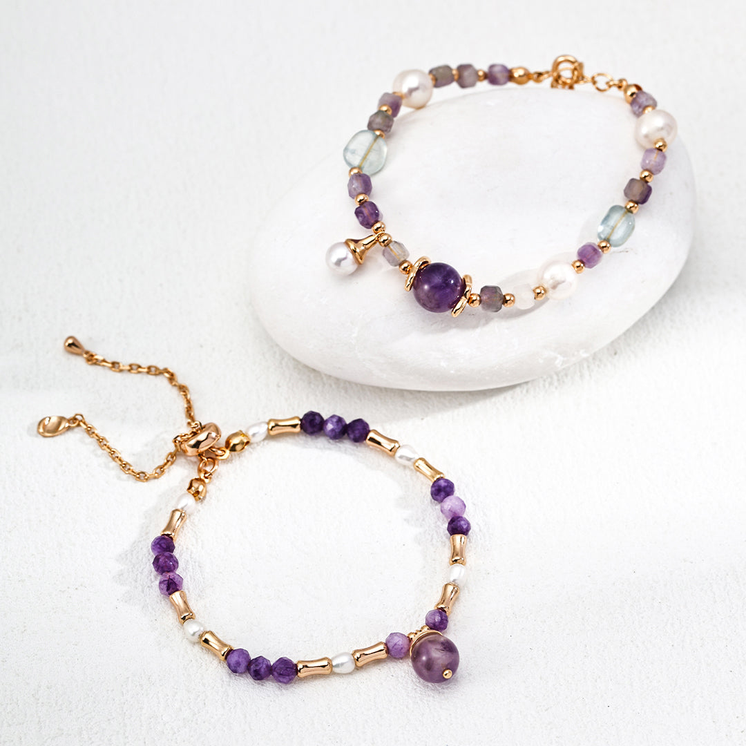 S925 Gold-Tone Faceted Purple Lepidolite Bracelet with Amethyst Drop