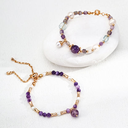 S925 Gold-Tone Faceted Purple Lepidolite Bracelet with Amethyst Drop