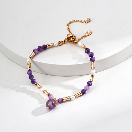 S925 Gold-Tone Faceted Purple Lepidolite Bracelet with Amethyst Drop