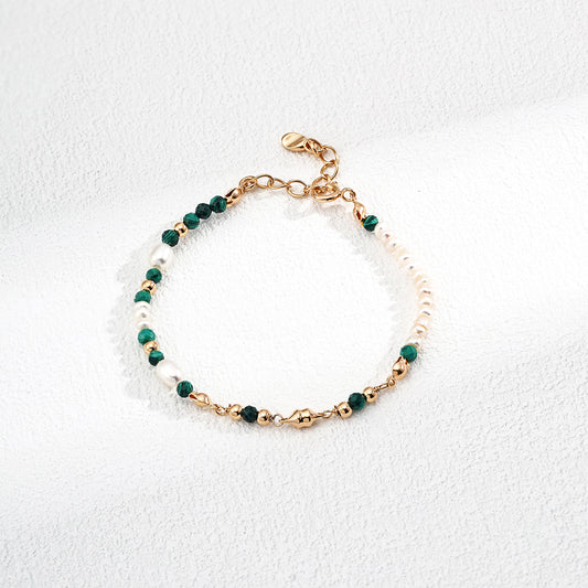 S925 Gold-Tone Malachite & Tiny Pearl Bracelet
