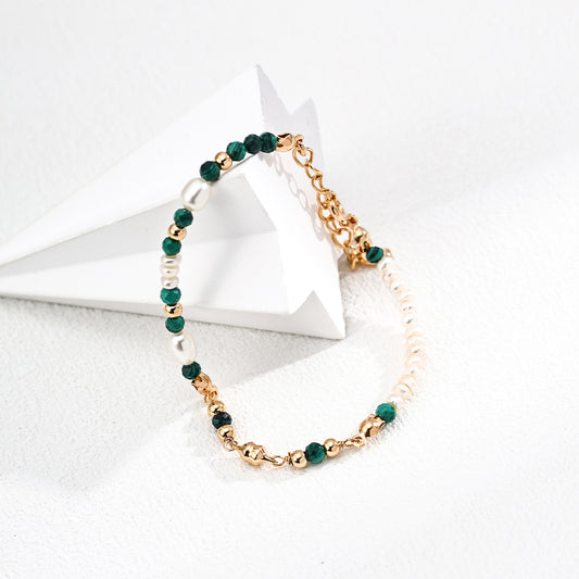 S925 Gold-Tone Malachite & Tiny Pearl Bracelet