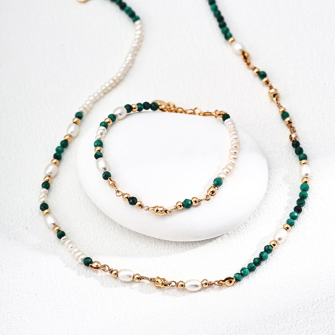 S925 Gold-Tone Malachite & Tiny Pearl Bracelet