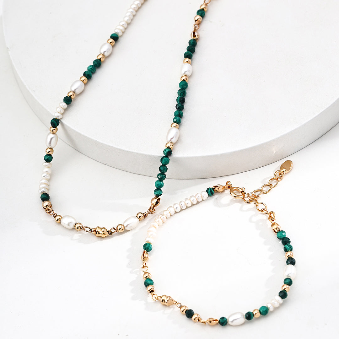 S925 Gold-Tone Malachite & Tiny Pearl Bracelet