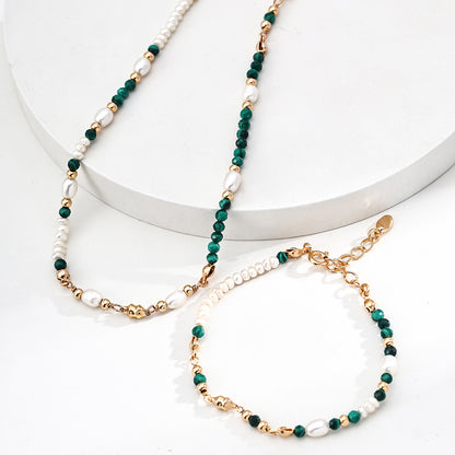 S925 Gold-Tone Malachite & Tiny Pearl Bracelet