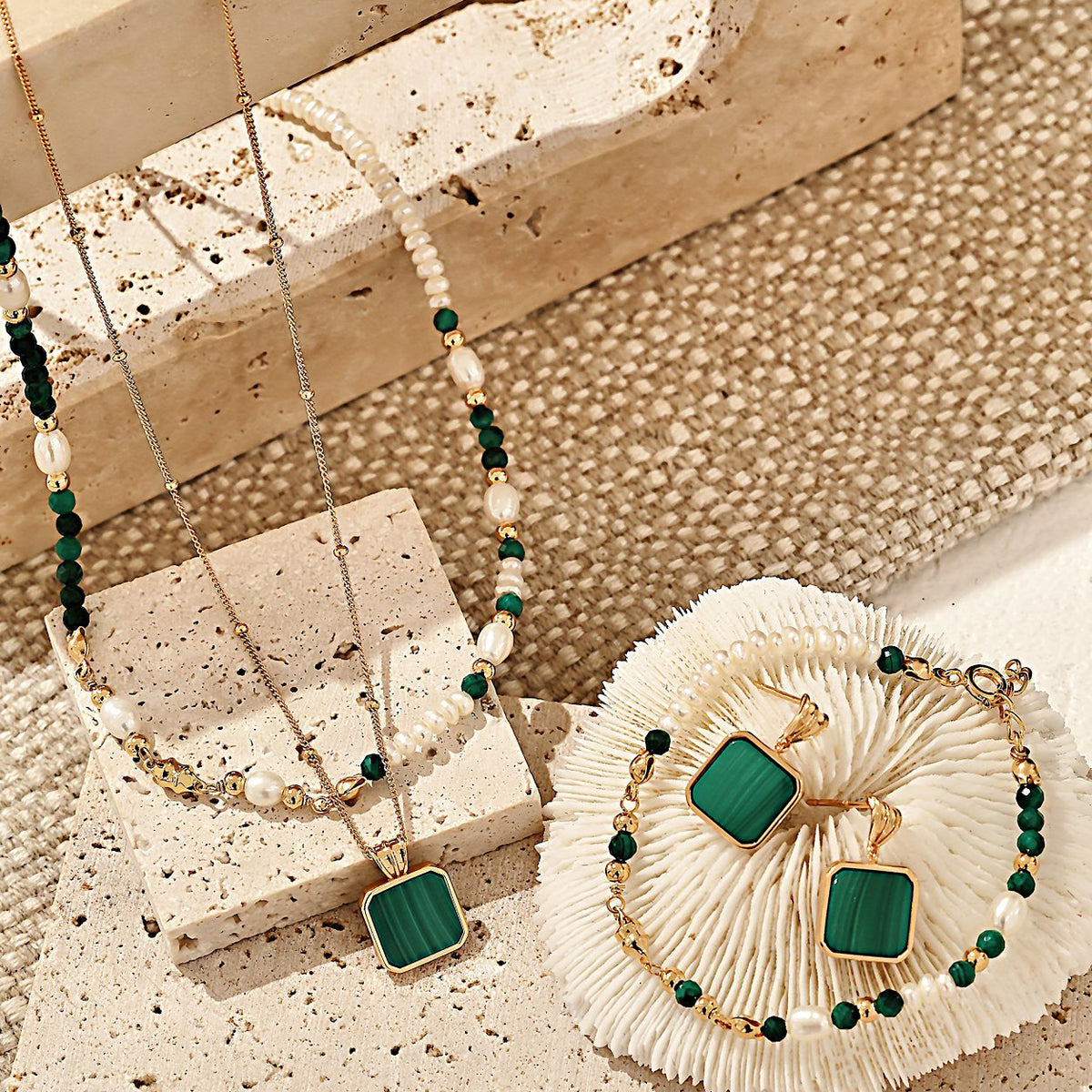 S925 Gold-Tone Malachite & Tiny Pearl Bracelet